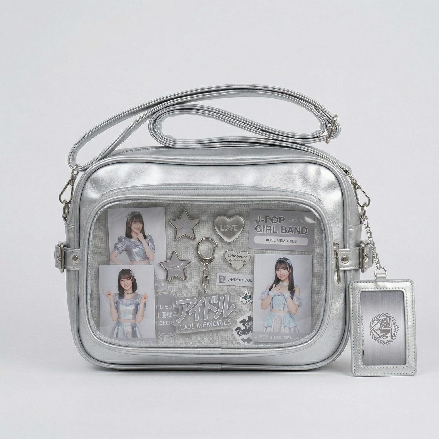 Large Silver Kawaii Y2K Convertible Ita Bag with Clear Window for Plushies and Pins Large Silver Kawaii Y2K Convertible Ita Bag with Clear Window for Plushies and Pins — ita bag detail view