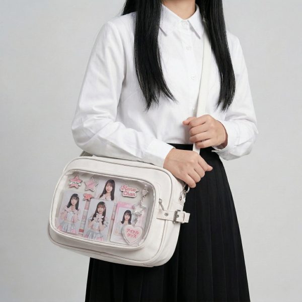 Large Silver Kawaii Y2K Convertible Ita Bag with Clear Window for Plushies and Pins — ita bag detail view