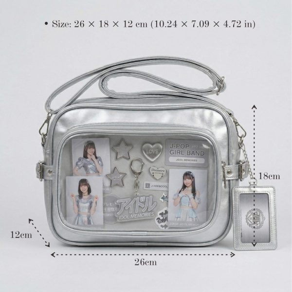 Large Silver Kawaii Y2K Convertible Ita Bag with Clear Window for Plushies and Pins — ita bag detail view