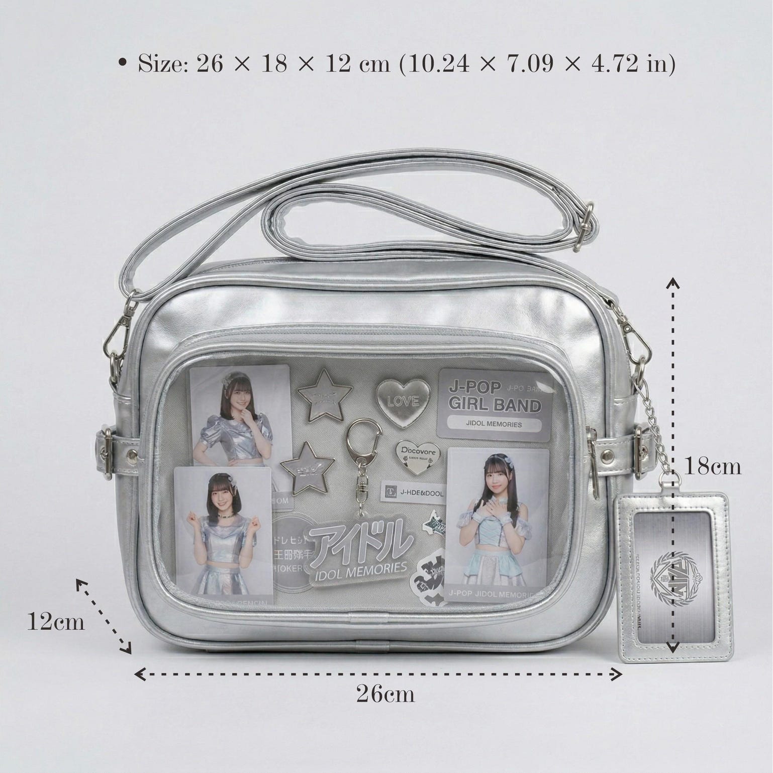 Large Silver Kawaii Y2K Convertible Ita Bag with Clear Window for Plushies and Pins Large Silver Kawaii Y2K Convertible Ita Bag with Clear Window for Plushies and Pins — ita bag detail view