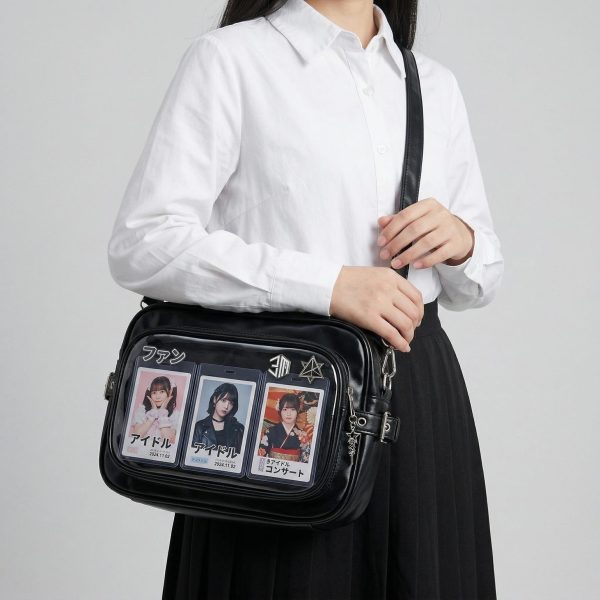 Large Silver Kawaii Y2K Convertible Ita Bag with Clear Window for Plushies and Pins — ita bag detail view