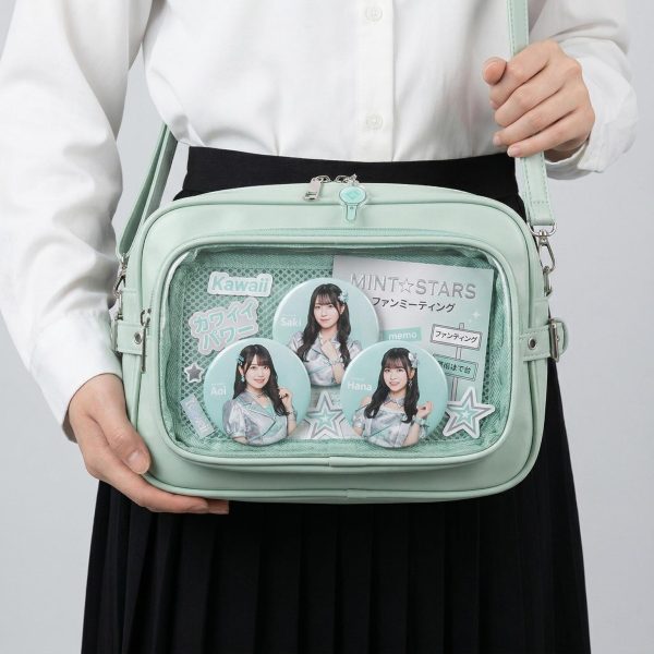 Large Silver Kawaii Y2K Convertible Ita Bag with Clear Window for Plushies and Pins — ita bag detail view