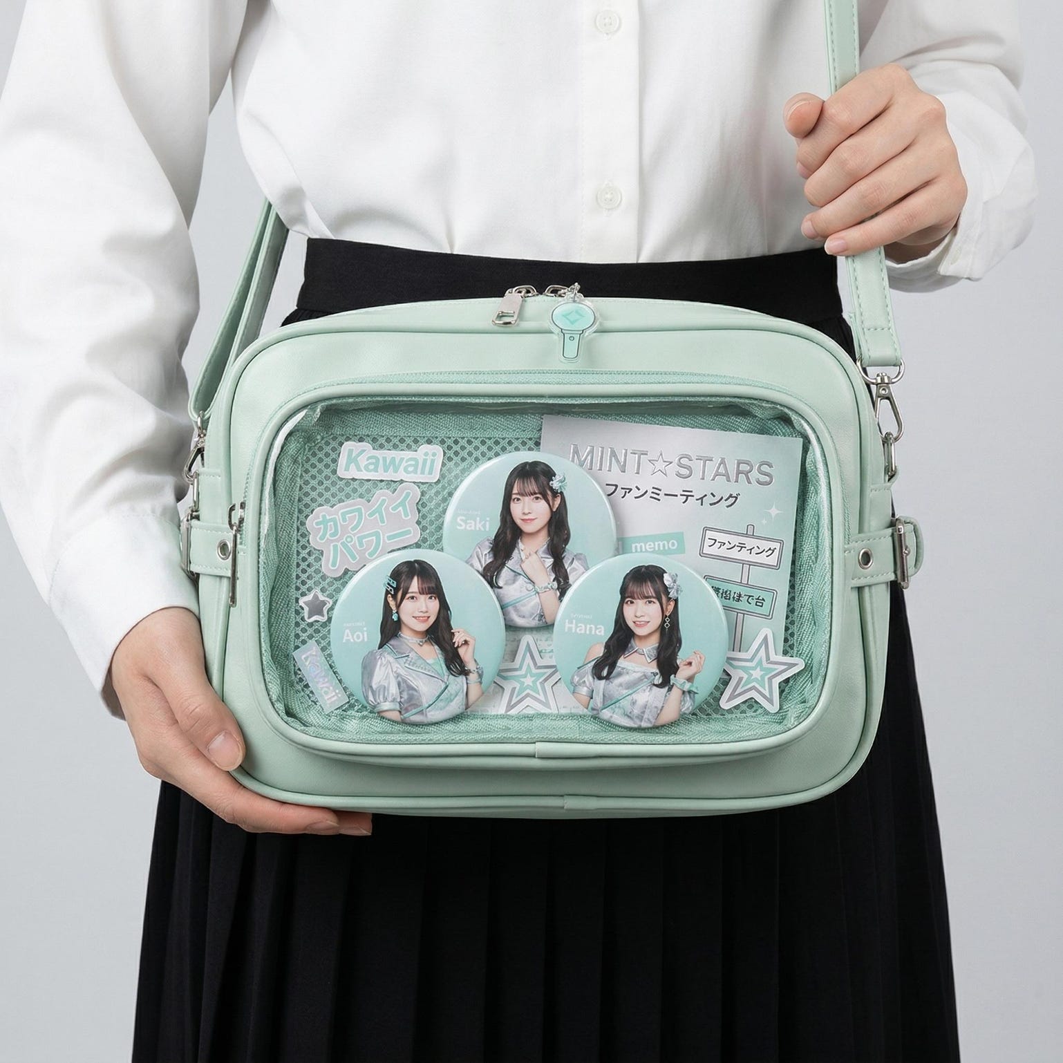 Large Silver Kawaii Y2K Convertible Ita Bag with Clear Window for Plushies and Pins Large Silver Kawaii Y2K Convertible Ita Bag with Clear Window for Plushies and Pins — ita bag detail view