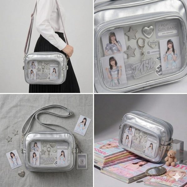 Large Silver Kawaii Y2K Convertible Ita Bag with Clear Window for Plushies and Pins — ita bag detail view
