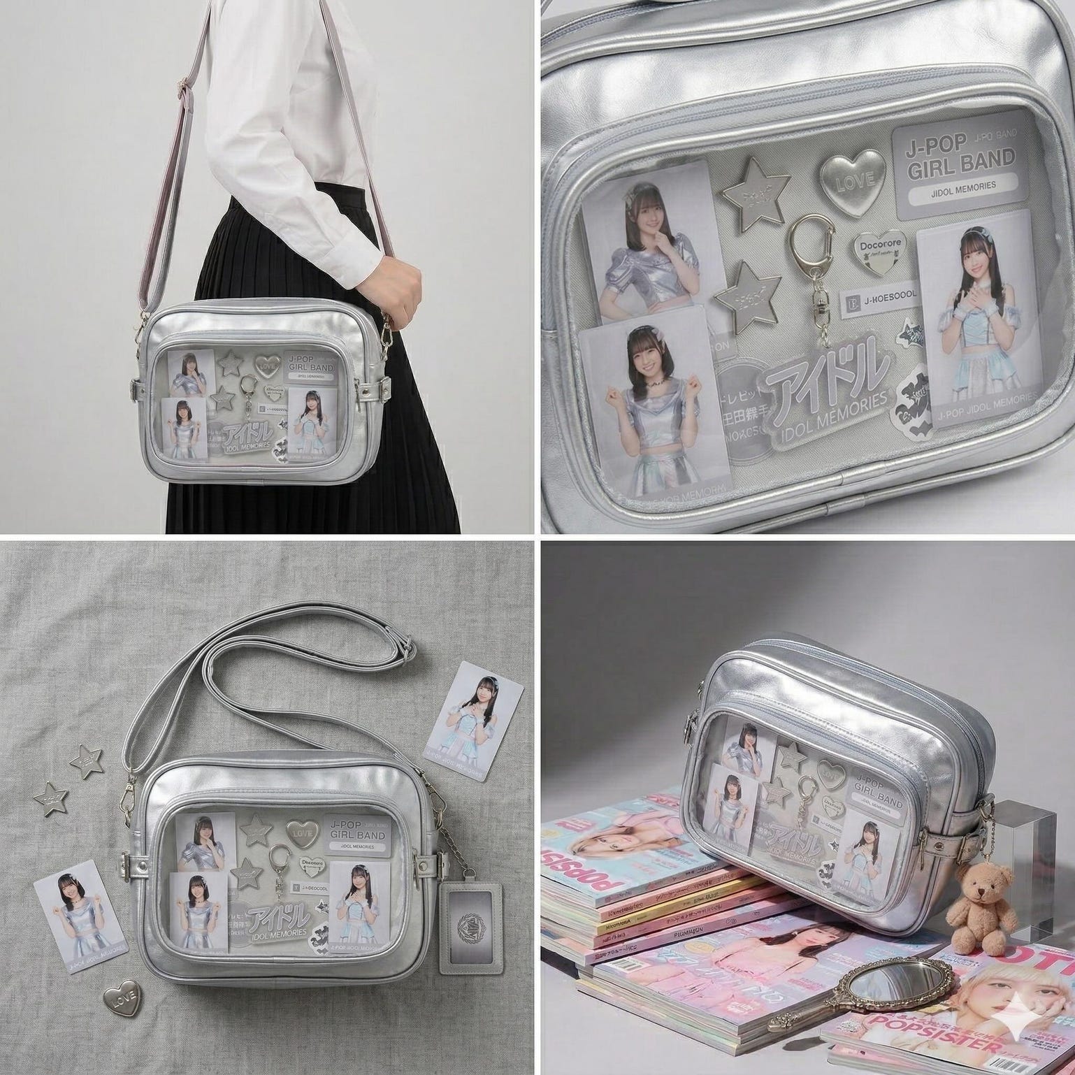 Large Silver Kawaii Y2K Convertible Ita Bag with Clear Window for Plushies and Pins Large Silver Kawaii Y2K Convertible Ita Bag with Clear Window for Plushies and Pins — ita bag detail view