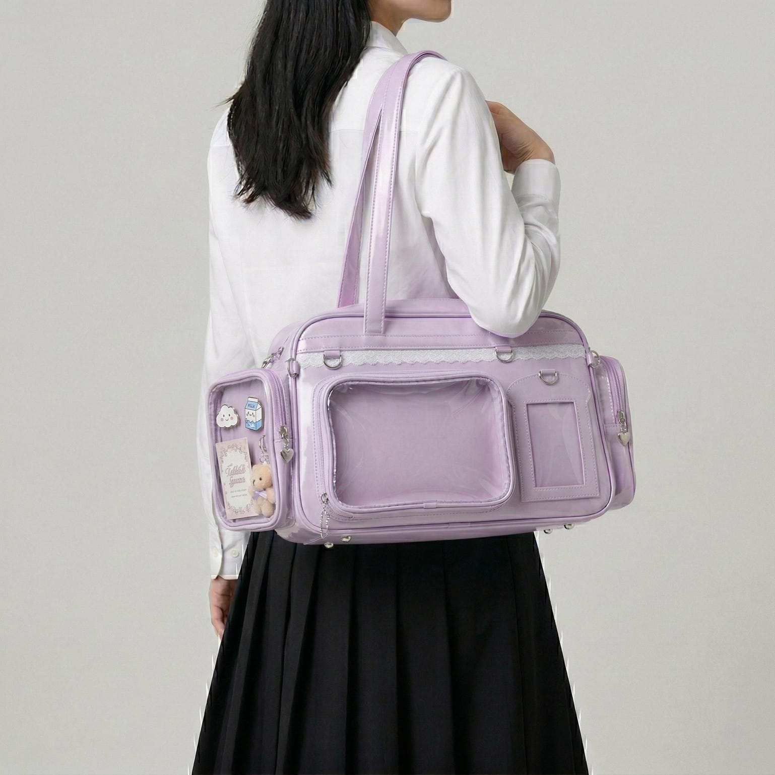 Large Silver Kawaii Y2K Ita Backpack with Clear Window for Photocards and Pins Large Silver Kawaii Y2K Ita Backpack with Clear Window for Photocards and Pins — ita backpack detail view