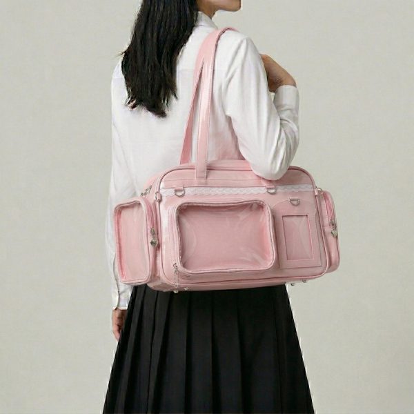 Large Silver Kawaii Y2K Ita Backpack with Clear Window for Photocards and Pins — ita backpack detail view