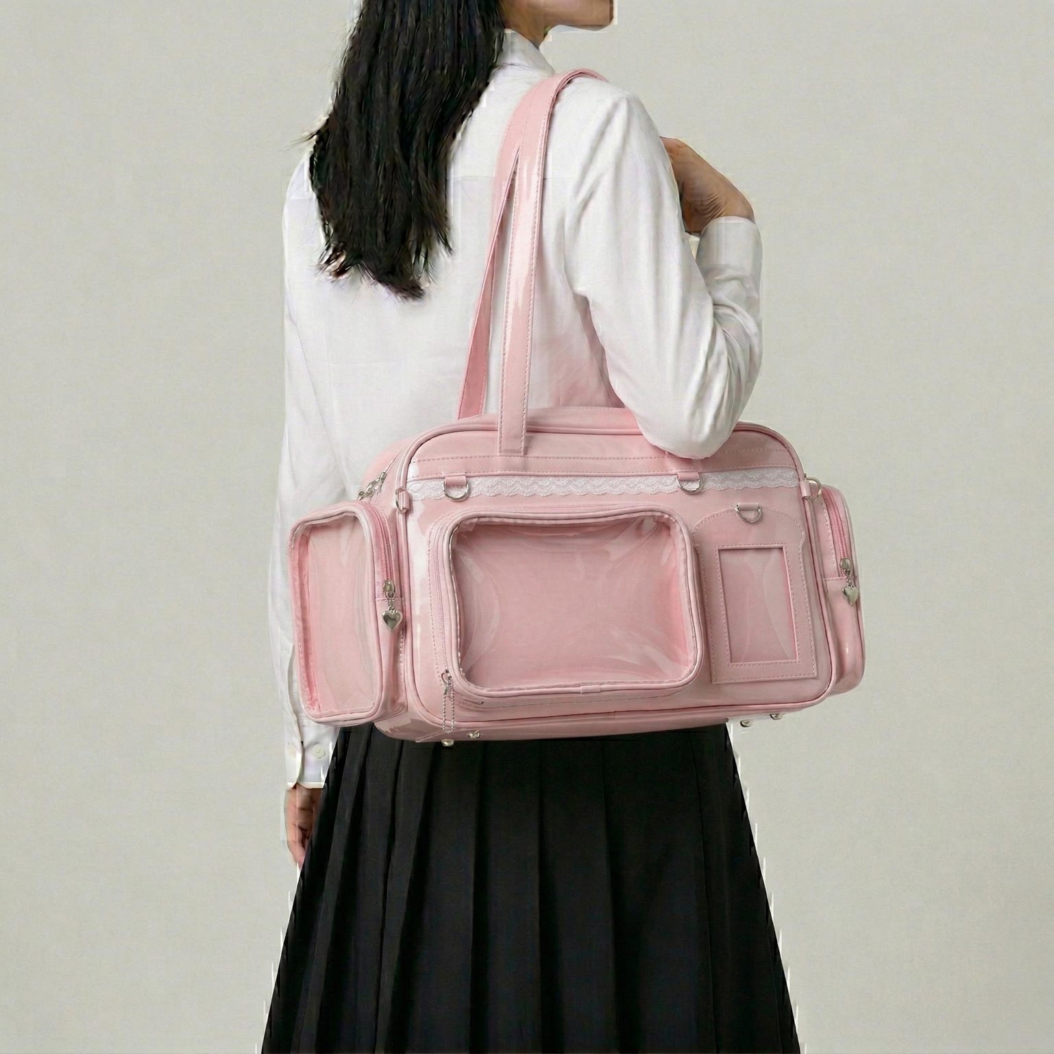 Large Silver Kawaii Y2K Ita Backpack with Clear Window for Photocards and Pins Large Silver Kawaii Y2K Ita Backpack with Clear Window for Photocards and Pins — ita backpack detail view