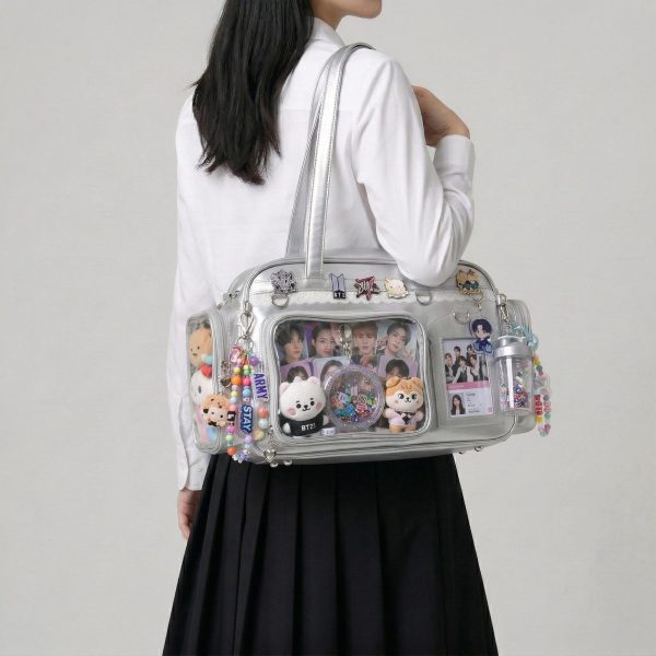 Large Silver Kawaii Y2K Ita Backpack with Clear Window for Photocards and Pins — ita backpack detail view