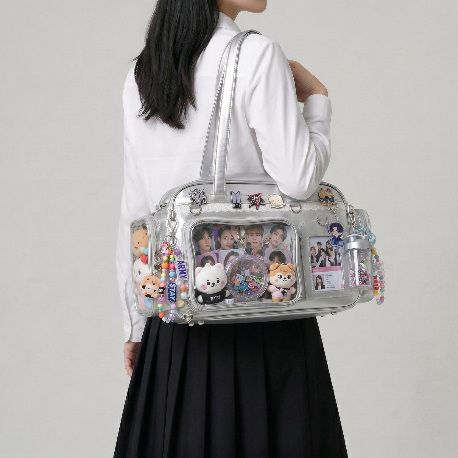 Large Silver Kawaii Y2K Ita Backpack with Clear Window for Photocards and Pins Large Silver Kawaii Y2K Ita Backpack with Clear Window for Photocards and Pins — ita backpack detail view