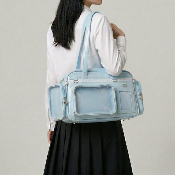 Large Silver Kawaii Y2K Ita Backpack with Clear Window for Photocards and Pins — ita backpack detail view