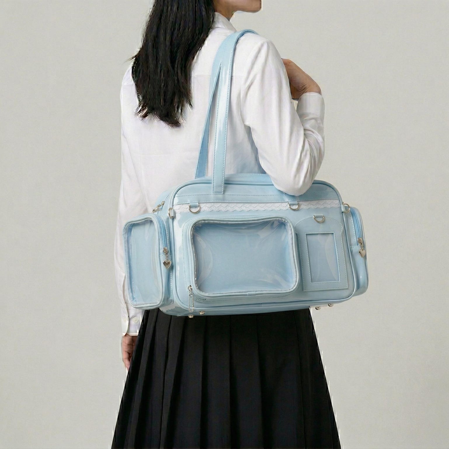 Large Silver Kawaii Y2K Ita Backpack with Clear Window for Photocards and Pins Large Silver Kawaii Y2K Ita Backpack with Clear Window for Photocards and Pins — ita backpack detail view
