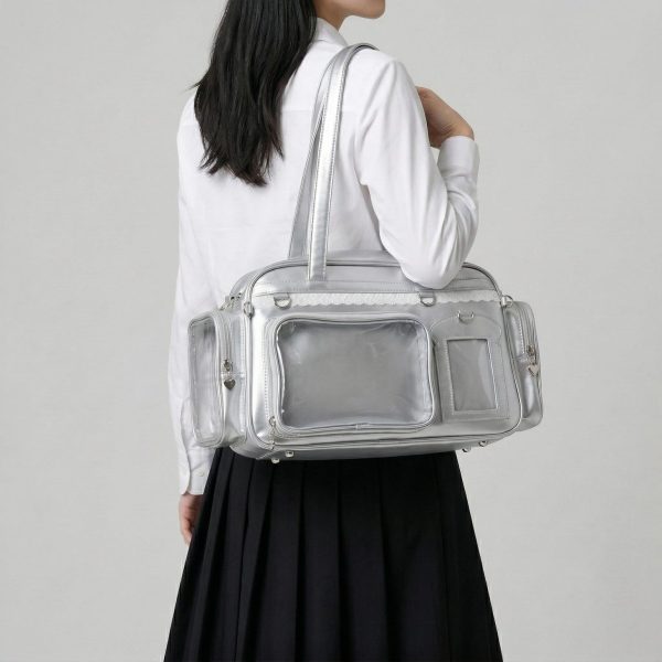 Large Silver Kawaii Y2K Ita Backpack with Clear Window for Photocards and Pins — ita backpack detail view