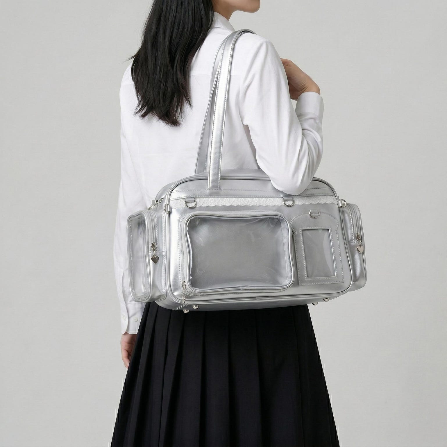 Large Silver Kawaii Y2K Ita Backpack with Clear Window for Photocards and Pins Large Silver Kawaii Y2K Ita Backpack with Clear Window for Photocards and Pins — ita backpack detail view