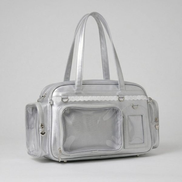 Large Silver Kawaii Y2K Ita Backpack with Clear Window for Photocards and Pins — ita backpack detail view