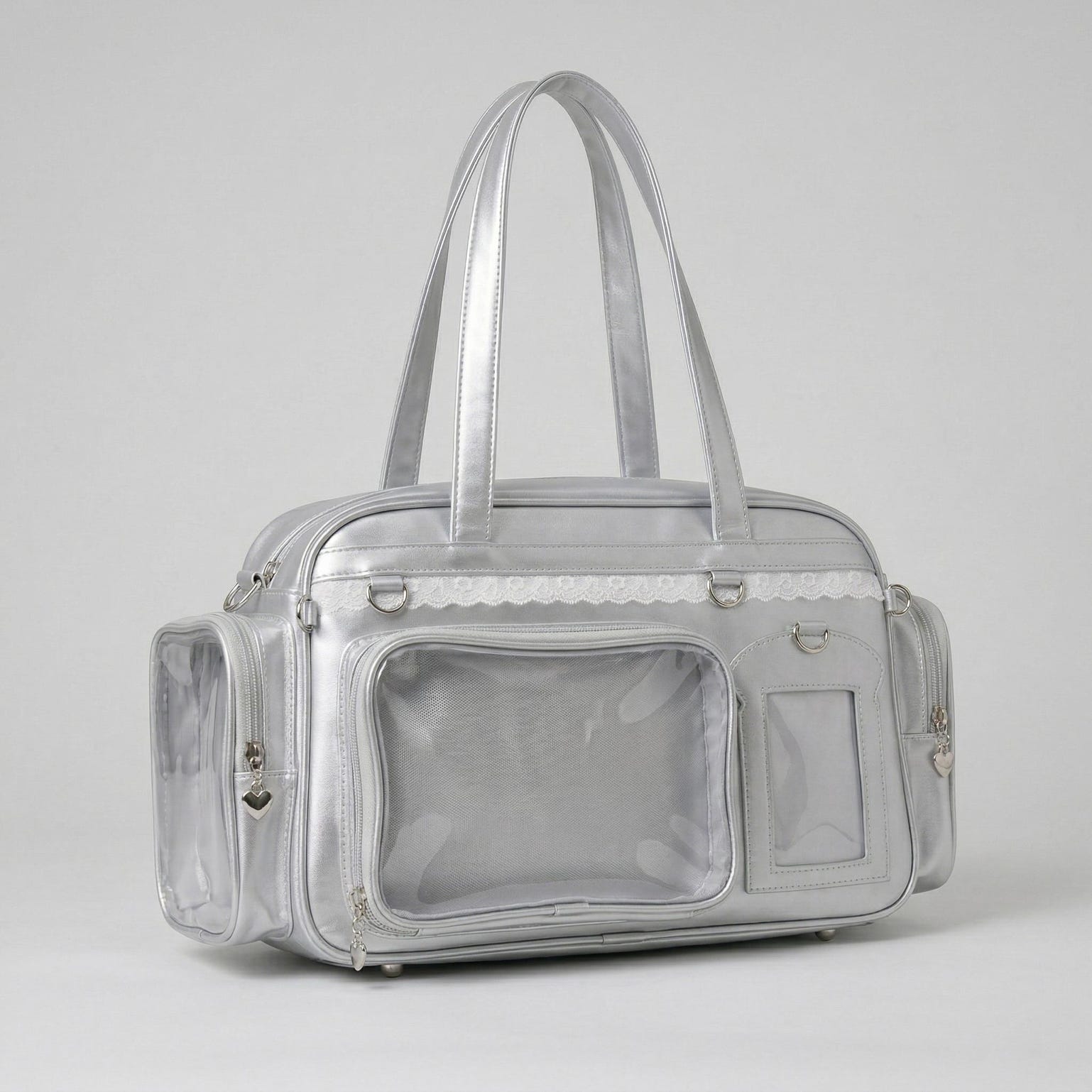 Large Silver Kawaii Y2K Ita Backpack with Clear Window for Photocards and Pins Large Silver Kawaii Y2K Ita Backpack with Clear Window for Photocards and Pins — ita backpack detail view