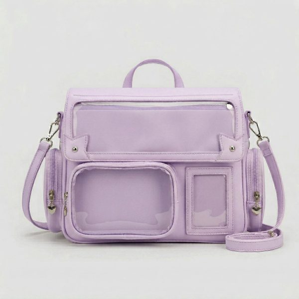 Large Silver Kawaii Y2K Ita Backpack with Clear Window for Pin Display — ita backpack detail view