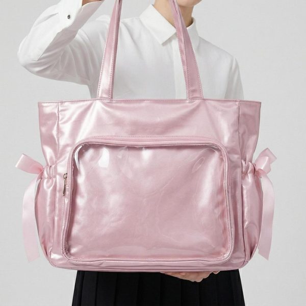 Large Silver Kawaii Y2K Ita Backpack with Clear Window for Pin Display — ita backpack detail view