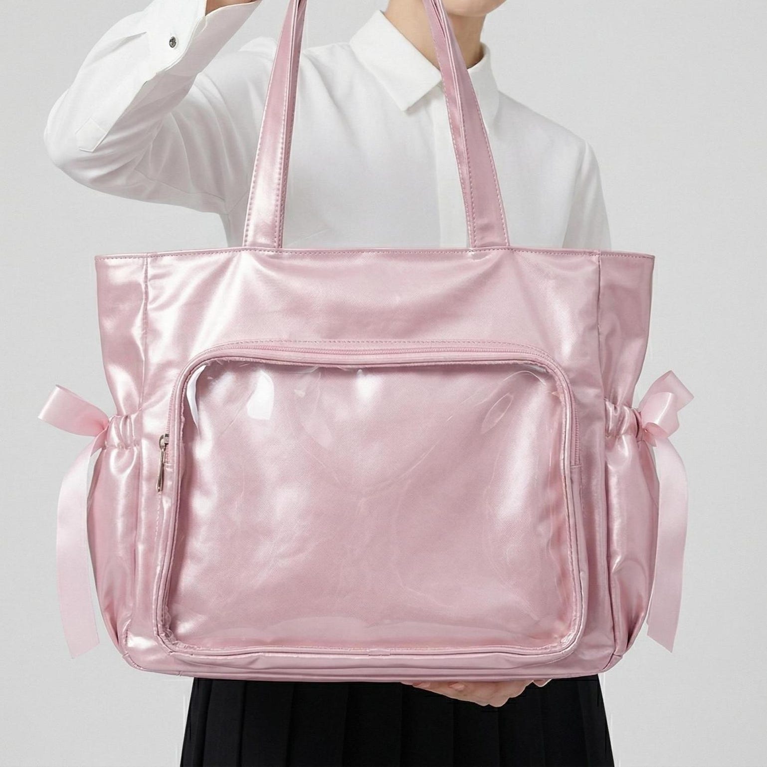 Large Silver Kawaii Y2K Ita Backpack with Clear Window for Pin Display Large Silver Kawaii Y2K Ita Backpack with Clear Window for Pin Display — ita backpack detail view