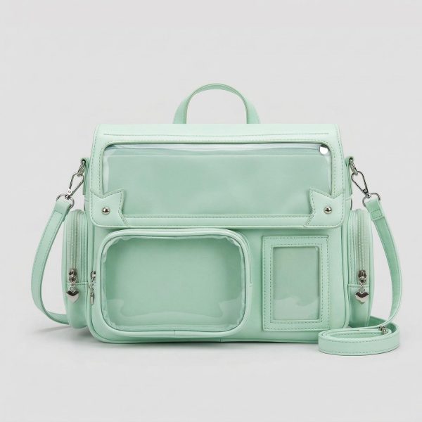 Large Silver Kawaii Y2K Ita Backpack with Clear Window for Pin Display — ita backpack detail view