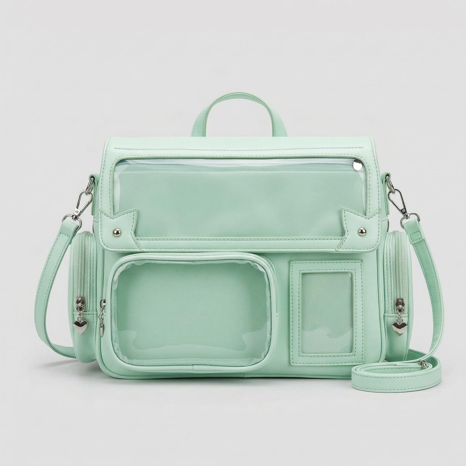 Large Silver Kawaii Y2K Ita Backpack with Clear Window for Pin Display Large Silver Kawaii Y2K Ita Backpack with Clear Window for Pin Display — ita backpack detail view