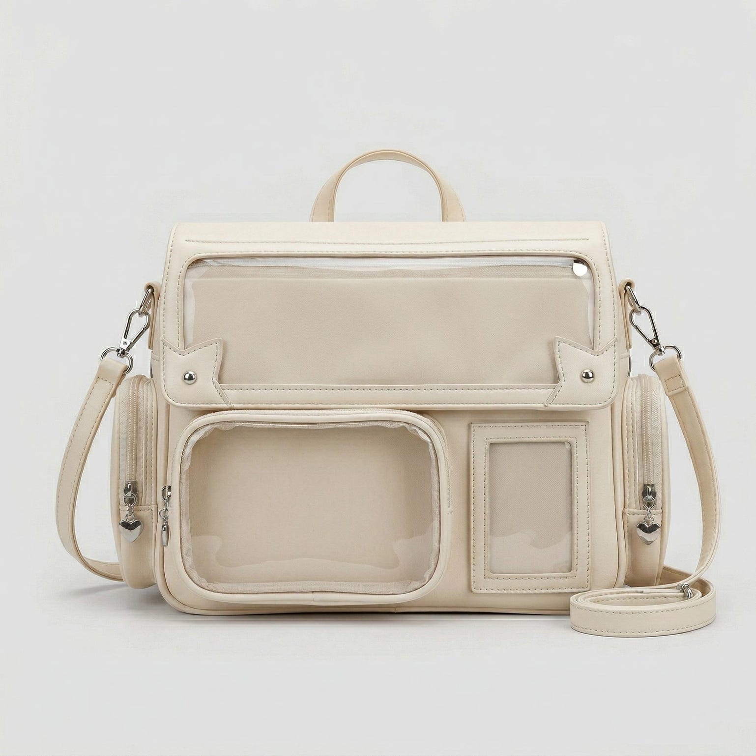 Large Silver Kawaii Y2K Ita Backpack with Clear Window for Pin Display Large Silver Kawaii Y2K Ita Backpack with Clear Window for Pin Display — ita backpack detail view