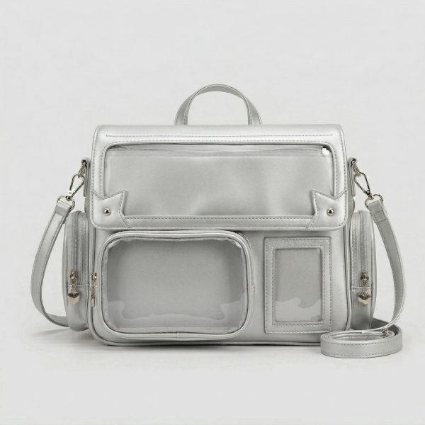 Large Silver Kawaii Y2K Ita Backpack with Clear Window for Pin Display — ita backpack detail view