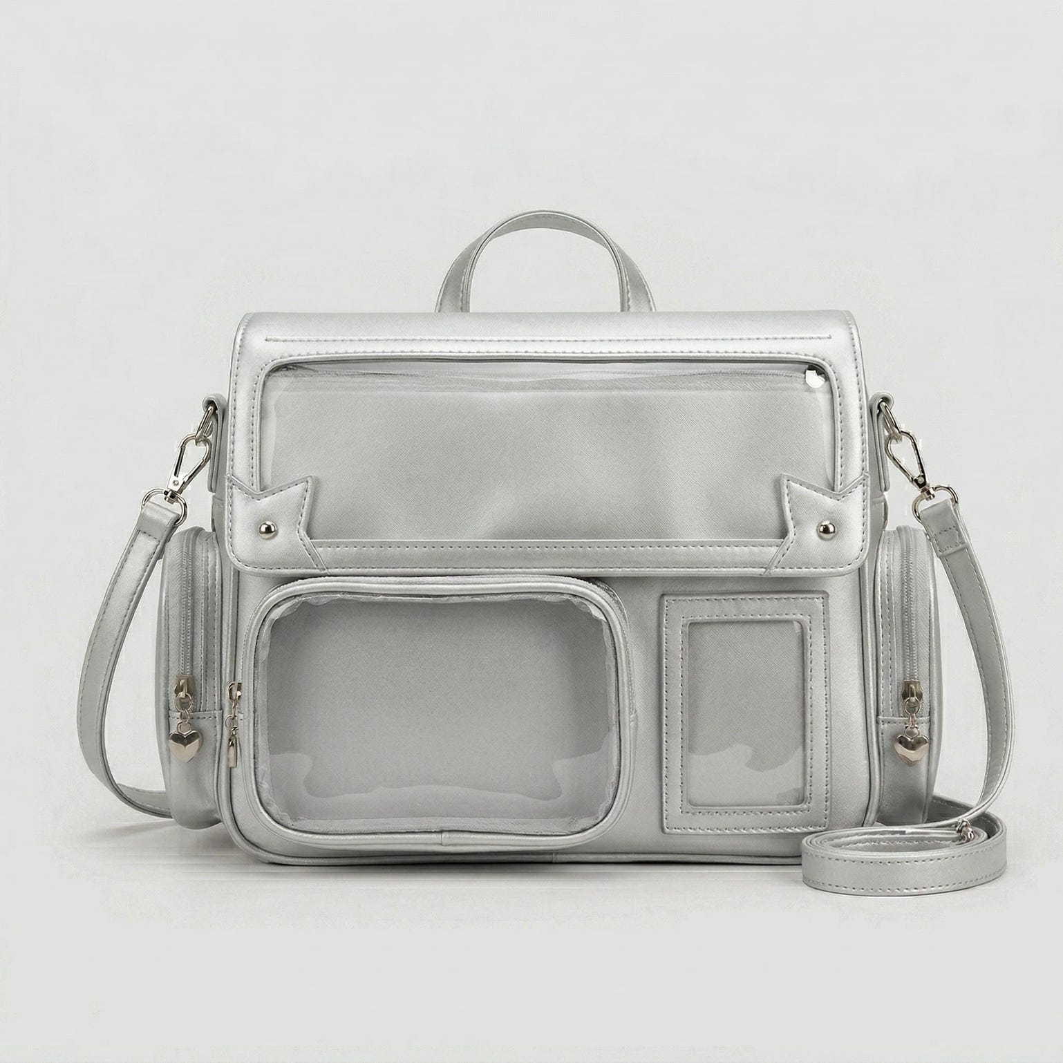 Large Silver Kawaii Y2K Ita Backpack with Clear Window for Pin Display Large Silver Kawaii Y2K Ita Backpack with Clear Window for Pin Display — ita backpack detail view