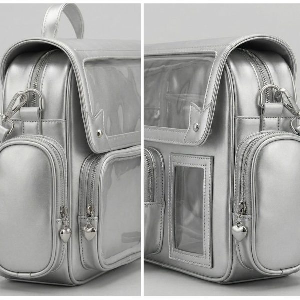 Large Silver Kawaii Y2K Ita Backpack with Clear Window for Pin Display — ita backpack detail view