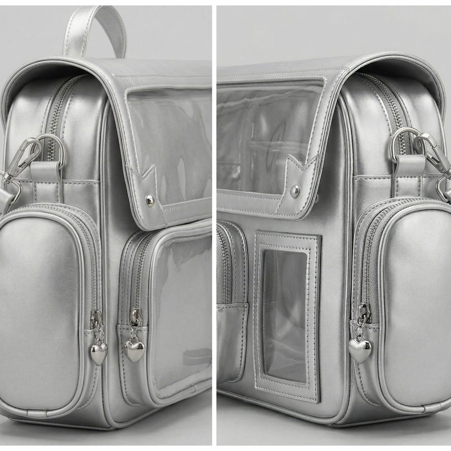 Large Silver Kawaii Y2K Ita Backpack with Clear Window for Pin Display Large Silver Kawaii Y2K Ita Backpack with Clear Window for Pin Display — ita backpack detail view