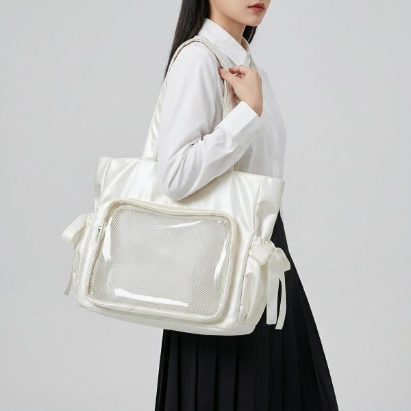 Large Silver Kawaii Y2K Ita Backpack with Clear Window for Pin Display — ita backpack detail view