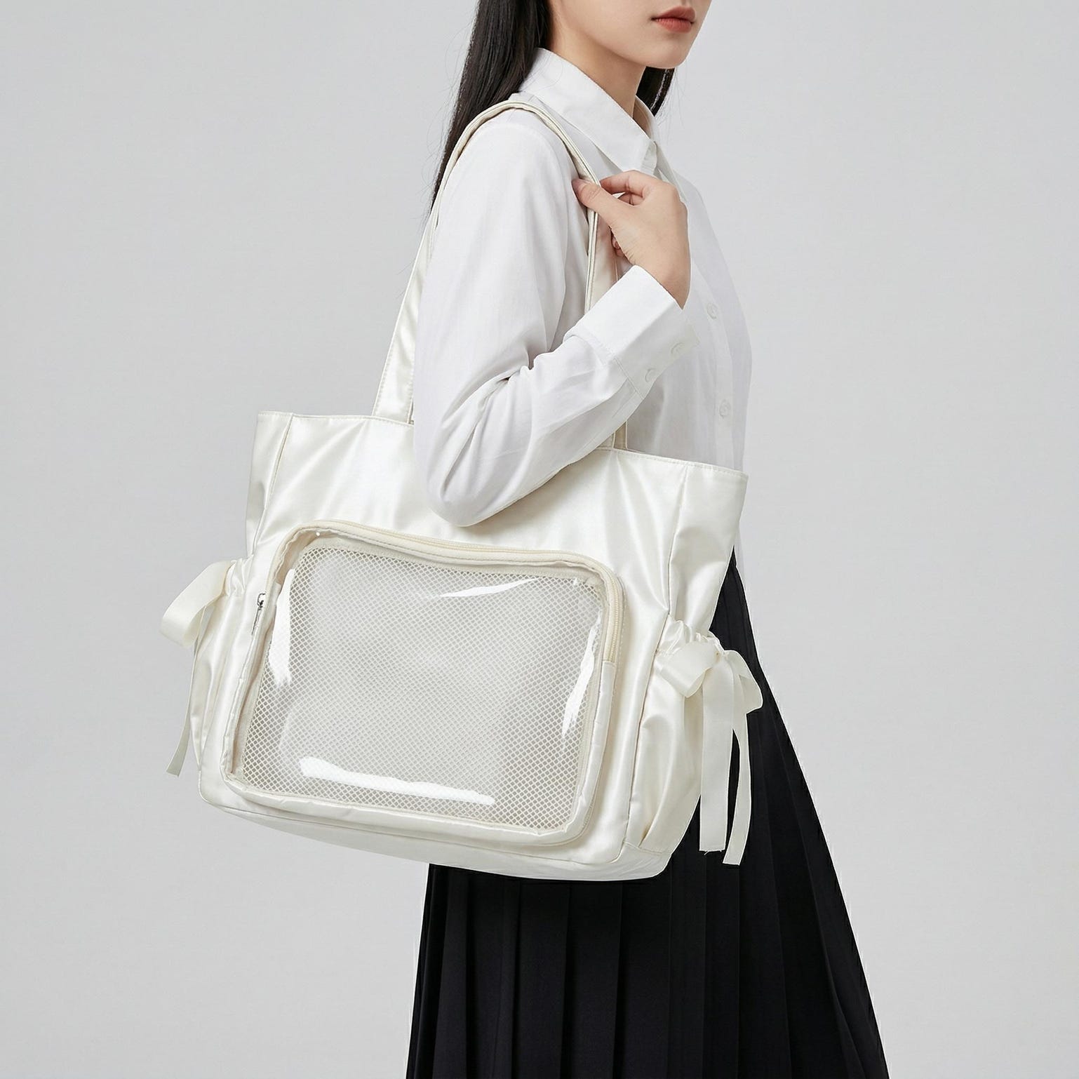 Large Silver Kawaii Y2K Ita Backpack with Clear Window for Pin Display Large Silver Kawaii Y2K Ita Backpack with Clear Window for Pin Display — ita backpack detail view