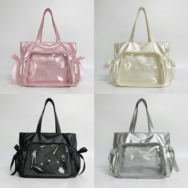 Large Silver Kawaii Y2K Ita Backpack with Clear Window for Pin Display — ita backpack detail view