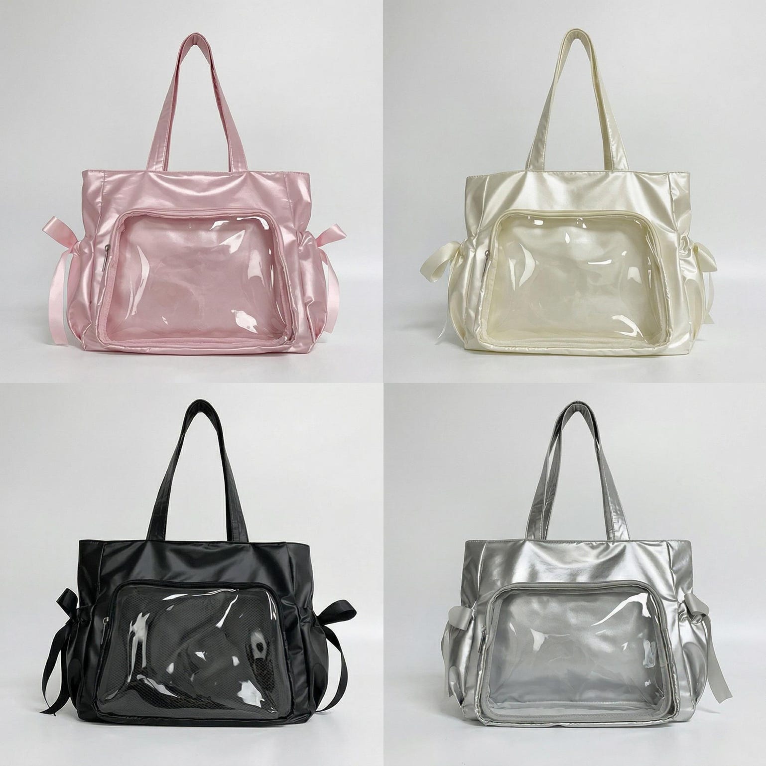 Large Silver Kawaii Y2K Ita Backpack with Clear Window for Pin Display Large Silver Kawaii Y2K Ita Backpack with Clear Window for Pin Display — ita backpack detail view