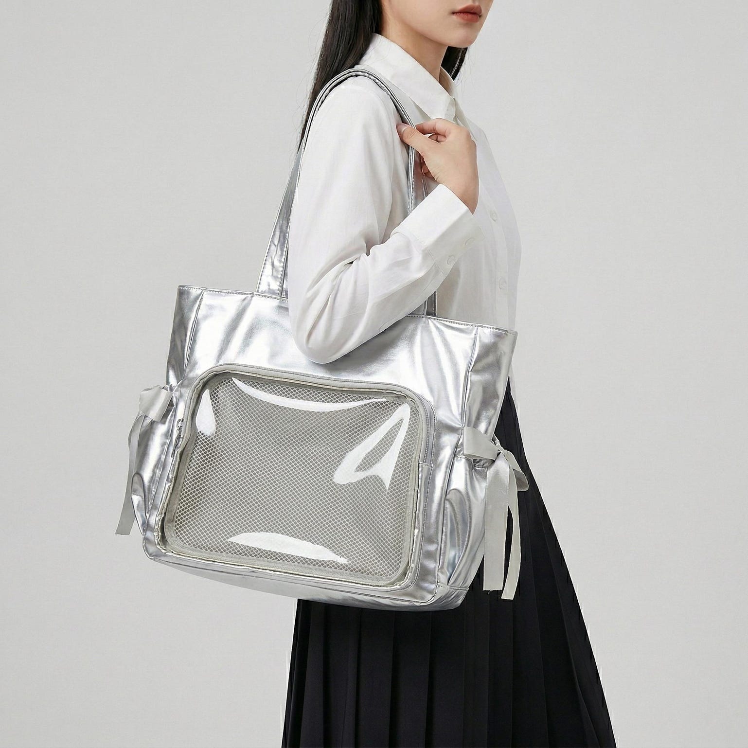 Large Silver Kawaii Y2K Ita Backpack with Clear Window for Pin Display Large Silver Kawaii Y2K Ita Backpack with Clear Window for Pin Display — ita backpack detail view