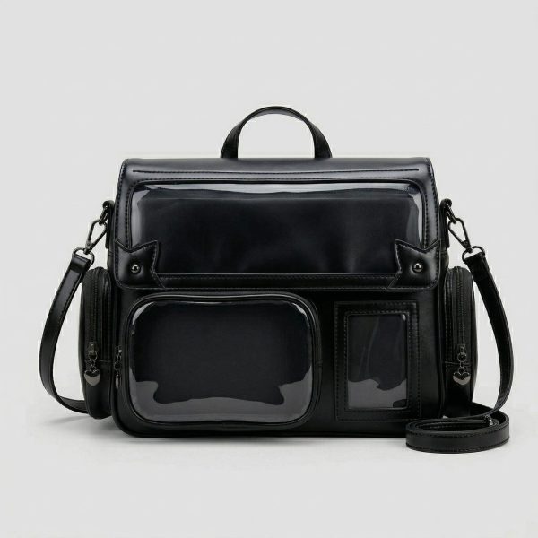 Large Silver Kawaii Y2K Ita Backpack with Clear Window for Pin Display — ita backpack detail view