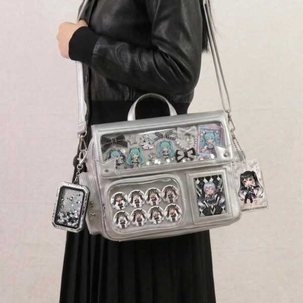 Large Silver Kawaii Y2K Ita Backpack with Clear Window for Pin Display — ita backpack detail view