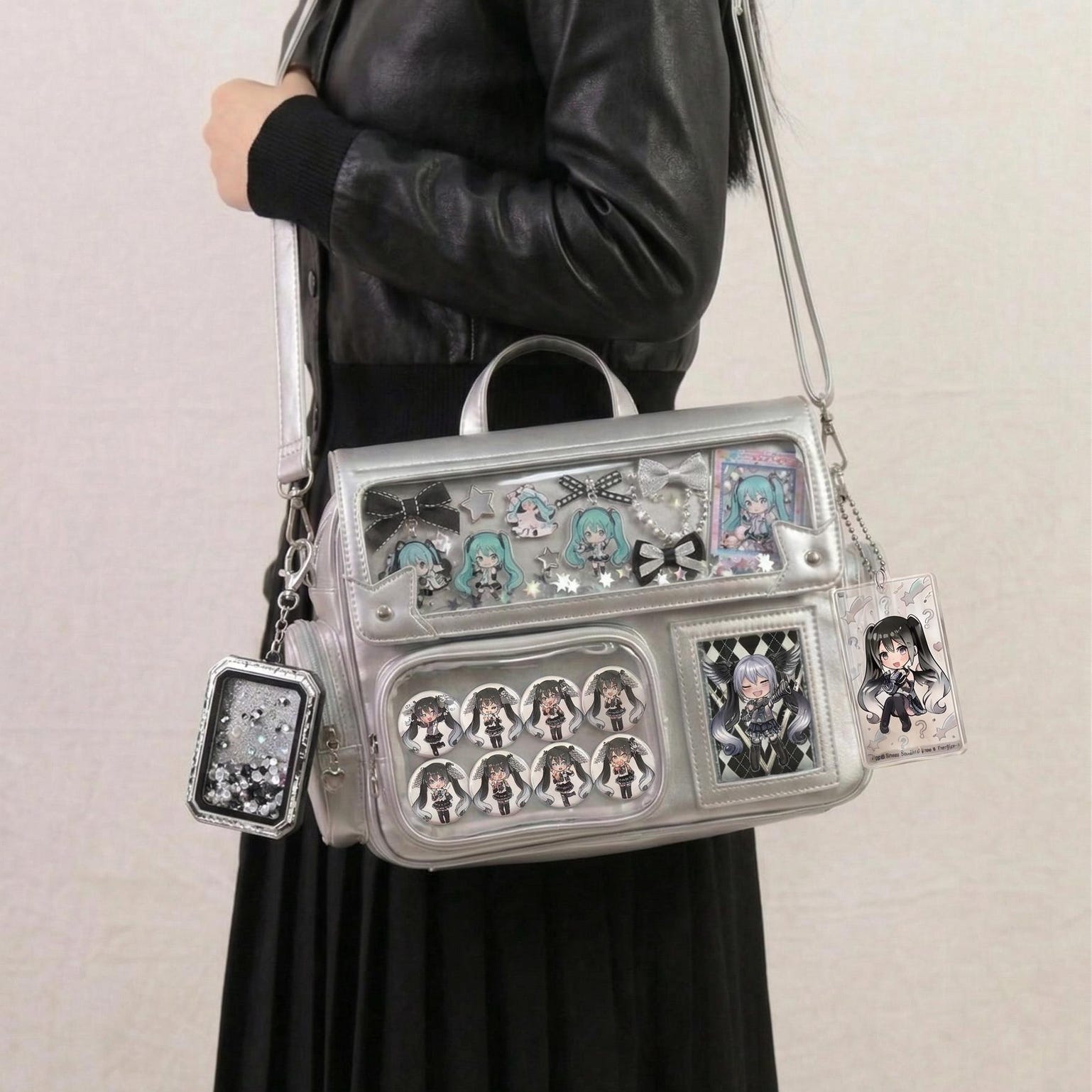 Large Silver Kawaii Y2K Ita Backpack with Clear Window for Pin Display Large Silver Kawaii Y2K Ita Backpack with Clear Window for Pin Display — ita backpack detail view