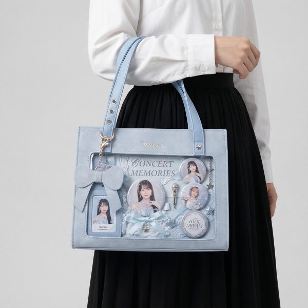 Large Silver Kawaii Y2K Ita Backpack with Clear Window for Plushies and Pins — ita backpack detail view