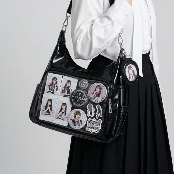 Large Silver Kawaii Y2K Ita Backpack with Clear Window for Plushies and Pins — ita backpack detail view