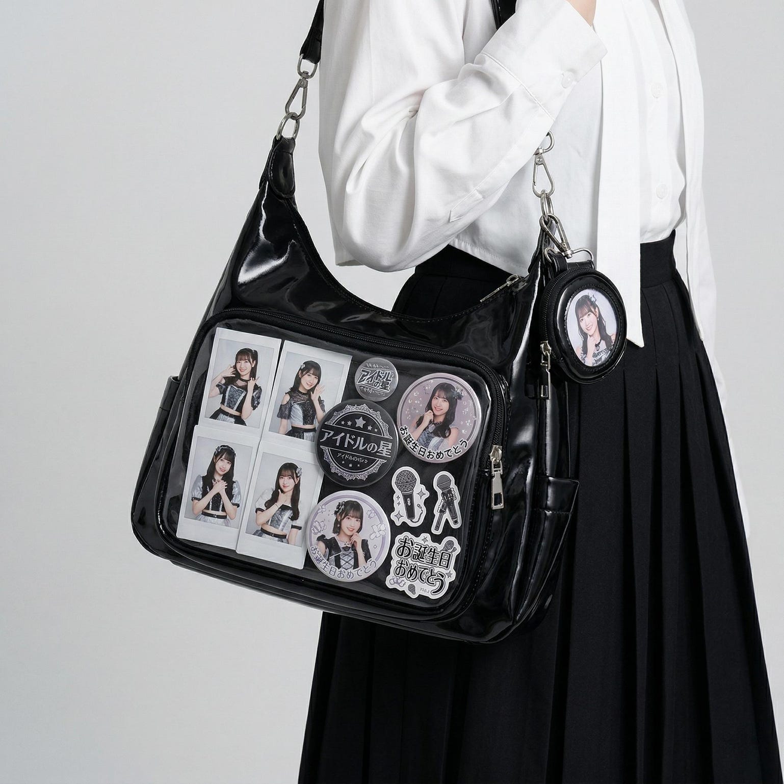 Large Silver Kawaii Y2K Ita Backpack with Clear Window for Plushies and Pins Large Silver Kawaii Y2K Ita Backpack with Clear Window for Plushies and Pins — ita backpack detail view