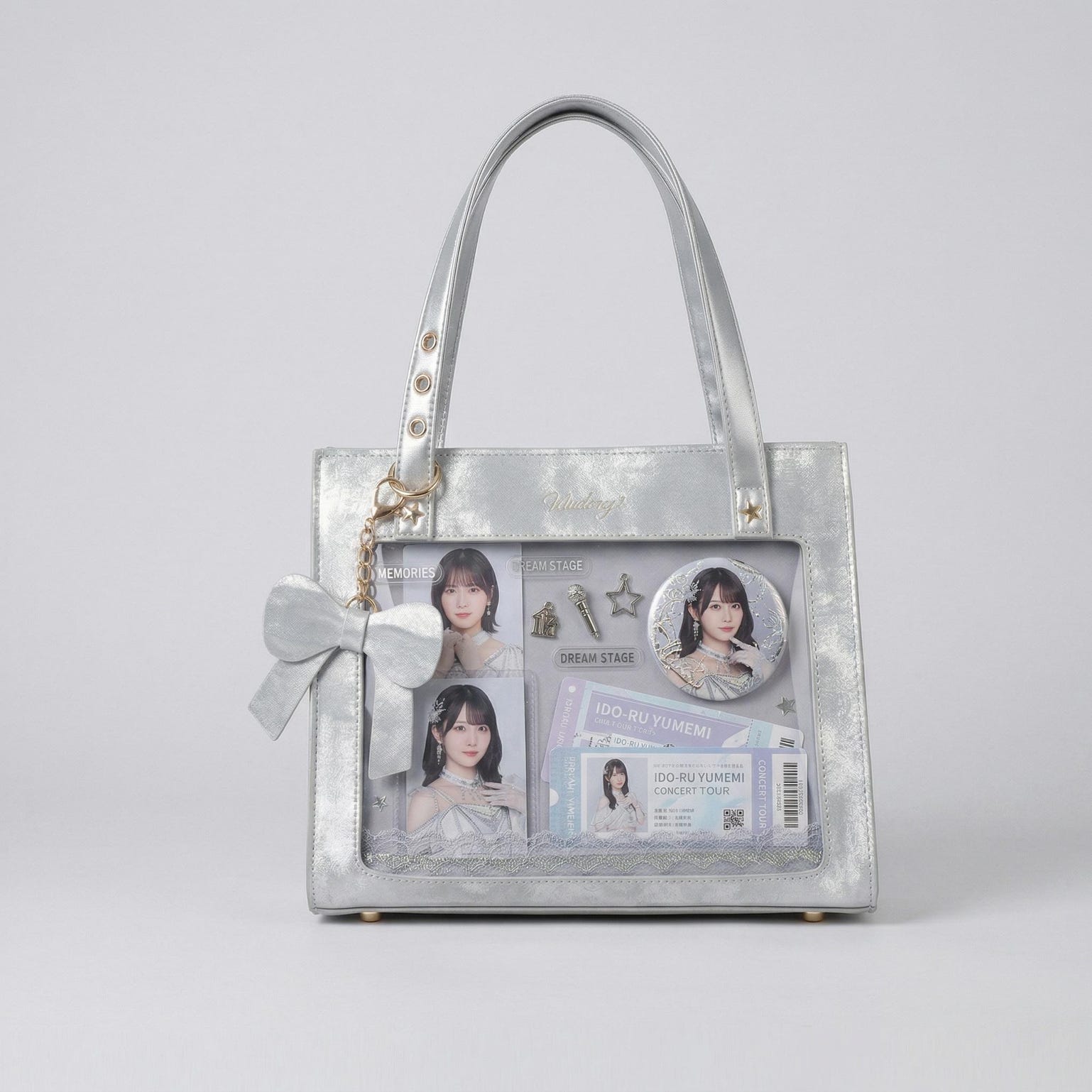 Large Silver Kawaii Y2K Ita Backpack with Clear Window for Plushies and Pins Large Silver Kawaii Y2K Ita Backpack with Clear Window for Plushies and Pins — ita backpack detail view