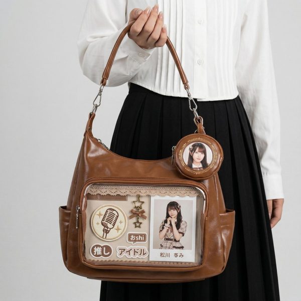Large Silver Kawaii Y2K Ita Backpack with Clear Window for Plushies and Pins — ita backpack detail view