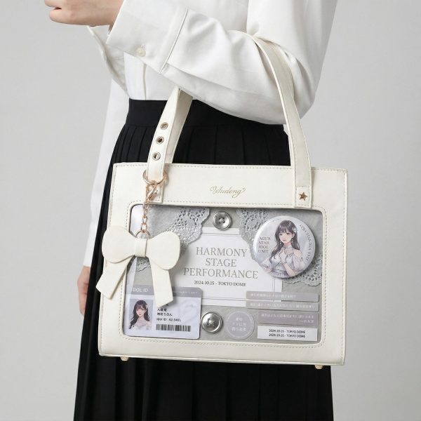 Large Silver Kawaii Y2K Ita Backpack with Clear Window for Plushies and Pins — ita backpack detail view