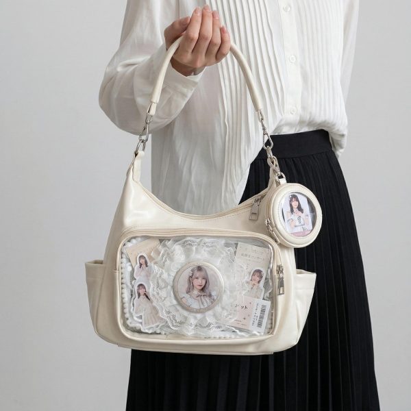 Large Silver Kawaii Y2K Ita Backpack with Clear Window for Plushies and Pins — ita backpack detail view