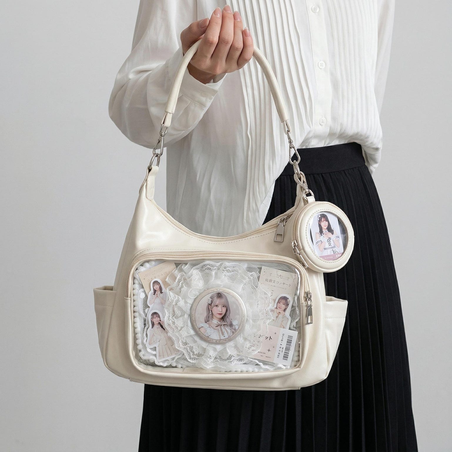 Large Silver Kawaii Y2K Ita Backpack with Clear Window for Plushies and Pins Large Silver Kawaii Y2K Ita Backpack with Clear Window for Plushies and Pins — ita backpack detail view