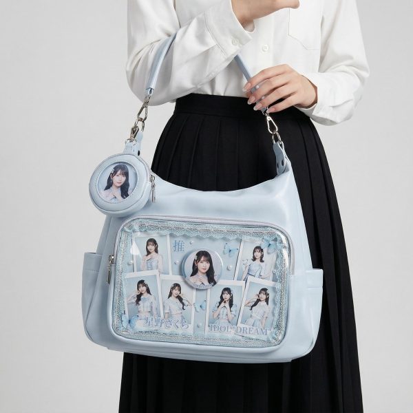Large Silver Kawaii Y2K Ita Backpack with Clear Window for Plushies and Pins — ita backpack detail view