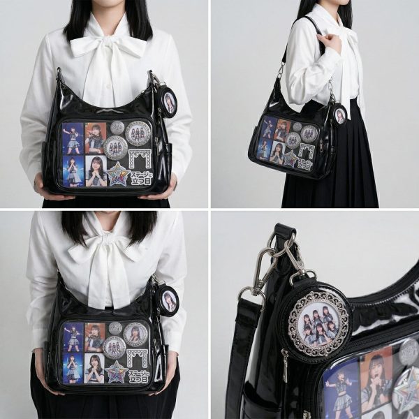 Large Silver Kawaii Y2K Ita Backpack with Clear Window for Plushies and Pins — ita backpack detail view