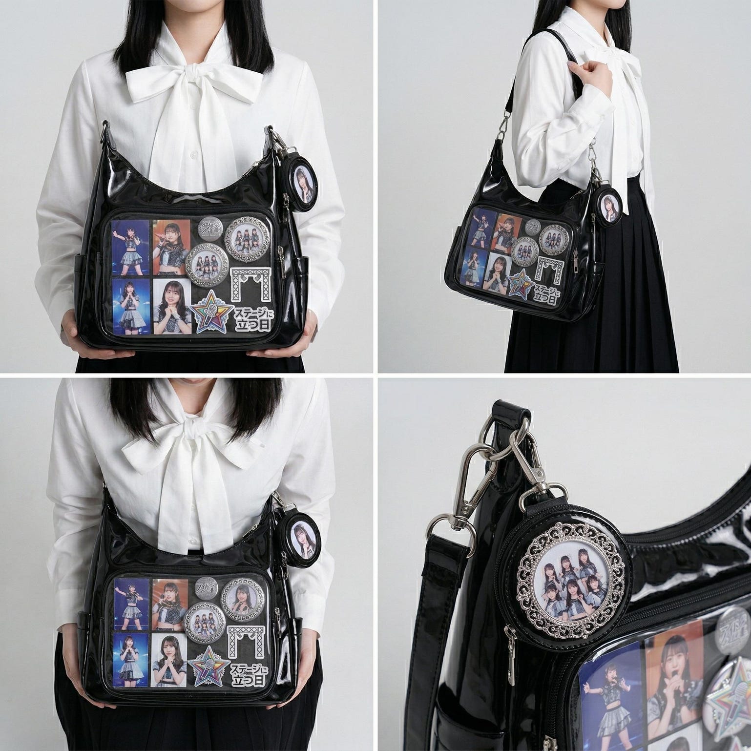 Large Silver Kawaii Y2K Ita Backpack with Clear Window for Plushies and Pins Large Silver Kawaii Y2K Ita Backpack with Clear Window for Plushies and Pins — ita backpack detail view