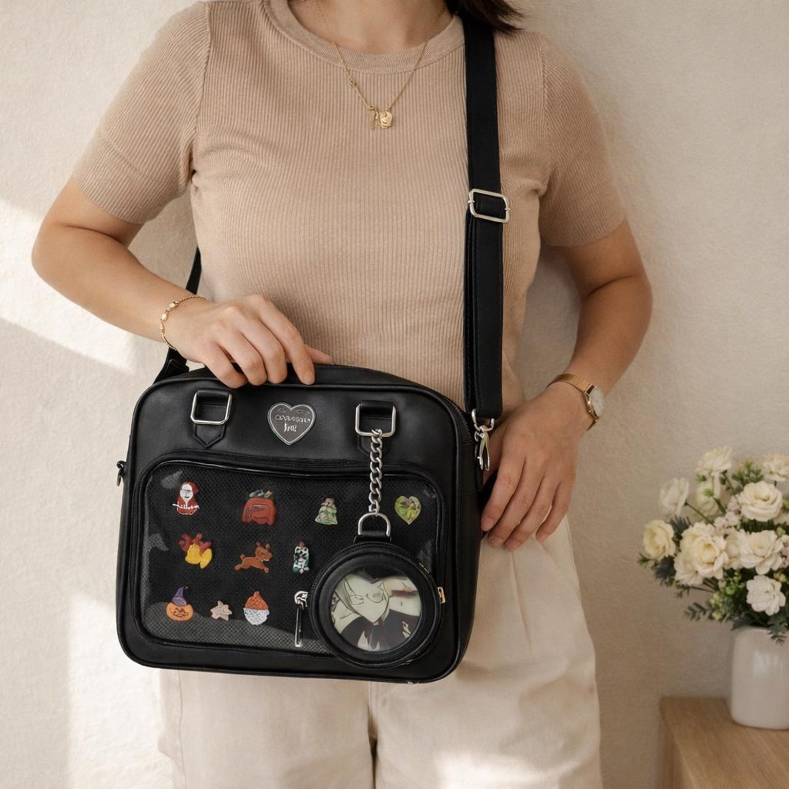 Large White Ita Messenger Bag with Clear Window for Plushies and Pins Large White Ita Messenger Bag with Clear Window for Plushies and Pins — ita bag detail view